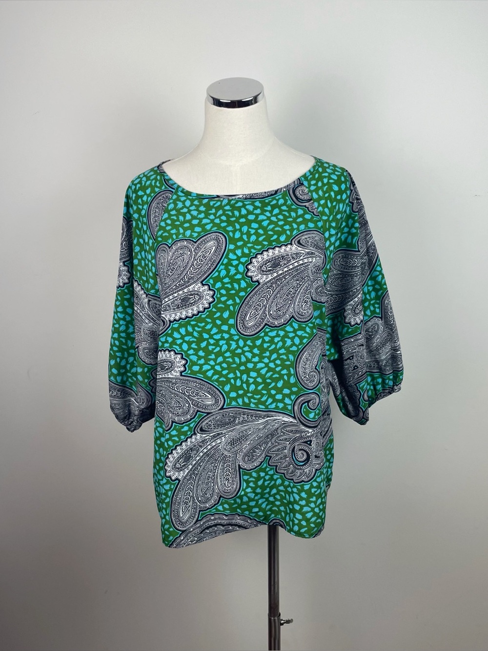 Glam Green Black White Paisley Blouse Top Women Medium